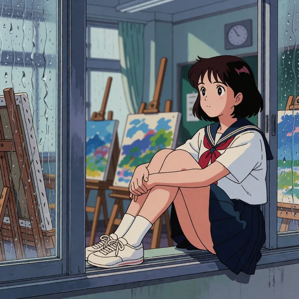 비 오는 날의 미술실 창 — AI-generated artwork